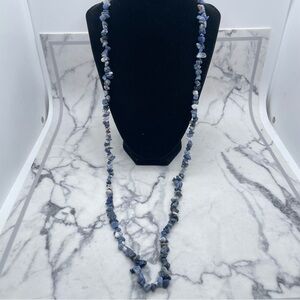 Long Sodalite Stone Bead Necklace Blue and White Tones No Clasp